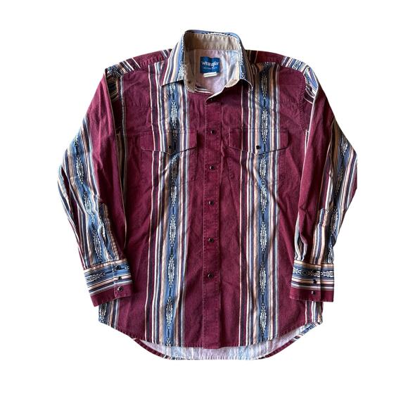 Vintage Wrangler Western Shirts Maroon Blue Tan White L Aztec Pearl Snap XL-Tail - Picture 1 of 8